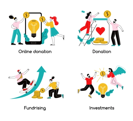 Crowdfunding 2x2 design concept online donation fundraising investments donation flat compositions vector illustration