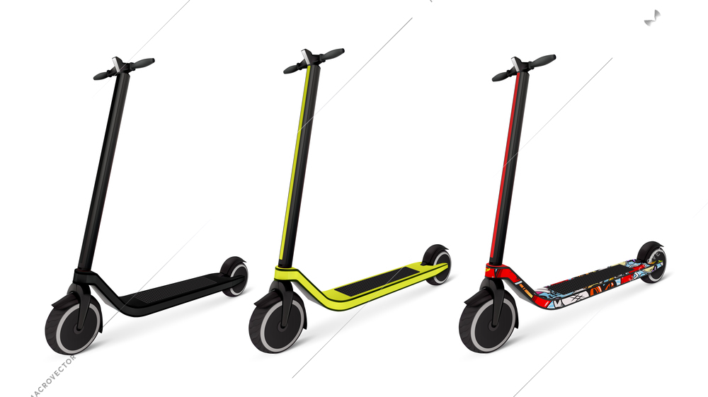 Three realistic different colors electric kick scooters on battery isolated vector illustration