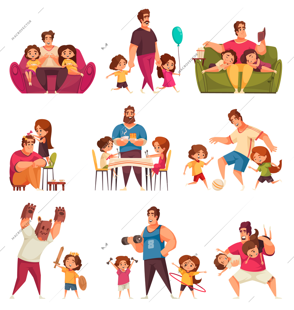 Dad father day set of isolated icons with doodle style characters of playing kids and parents vector illustration