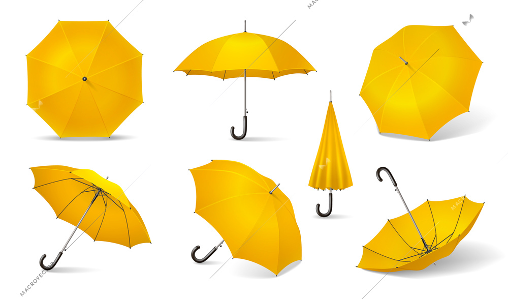 Yellow isolated and realistic umbrella icon set seven different locations of the yellow umbrella vector illustration