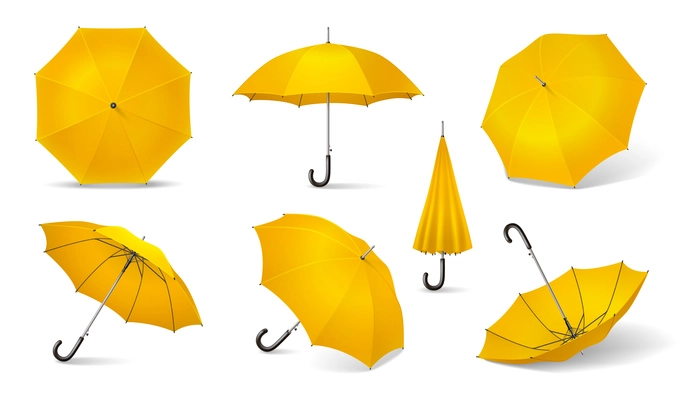 Yellow isolated and realistic umbrella icon set seven different locations of the yellow umbrella vector illustration