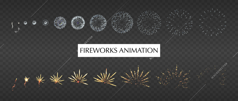 Firework animation transparent realistic set with festival symbols isolated vector illustration