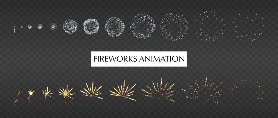 Firework animation transparent realistic set with festival symbols isolated vector illustration