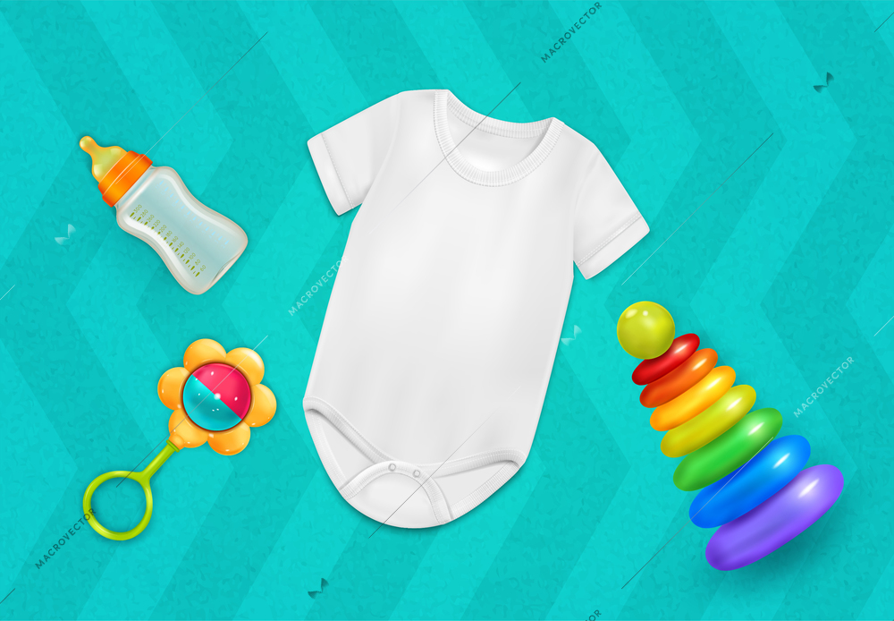 Baby bodysuit realistic composition with cotton clothes and toys vector illustration