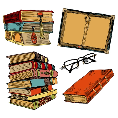 Vintage books stack sketch decorative icons set with glasses isolated vector illustration