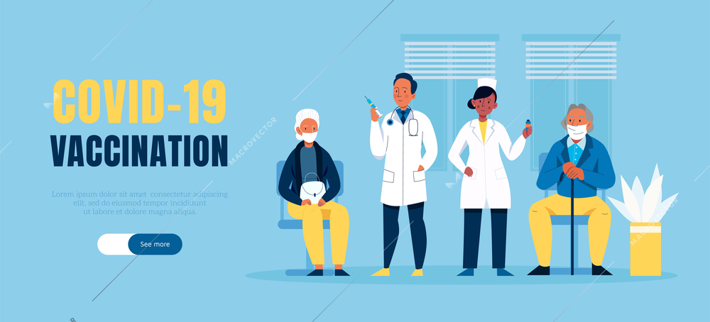 Flat covid19 vaccination horizontal banner with doctors and patients vector illustration