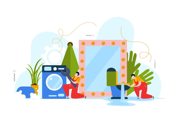 Flat colorful composition with blocked toilet broken washing machine and plumbers at work vector illustration