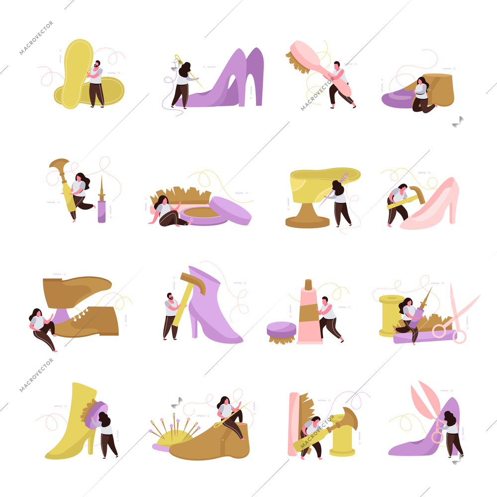 Shoemaker flat icons set with human characters tools for repairing and cleaning shoes isolated vector illustration