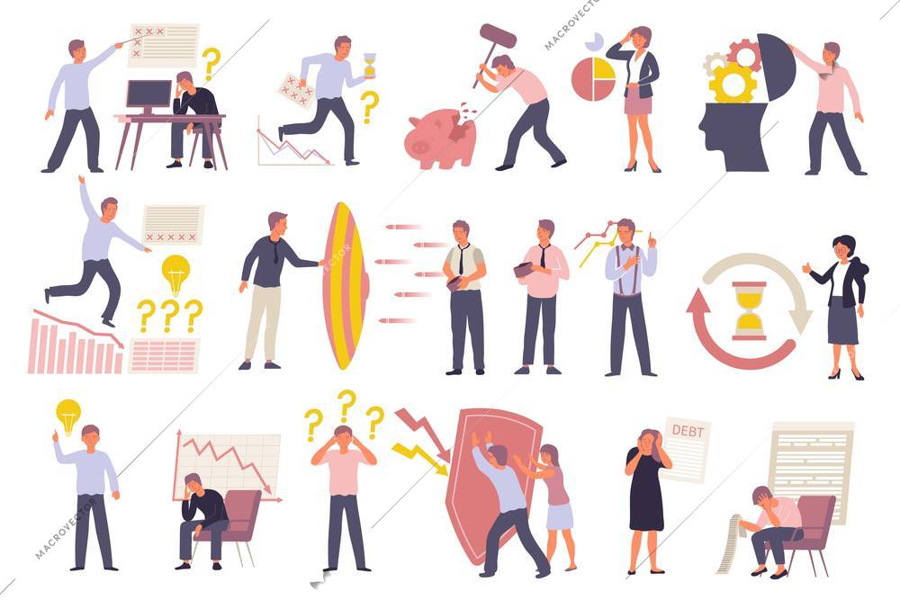 Management support during crisis icons set with characters of businessmen financial charts shields flat isolated vector illustration