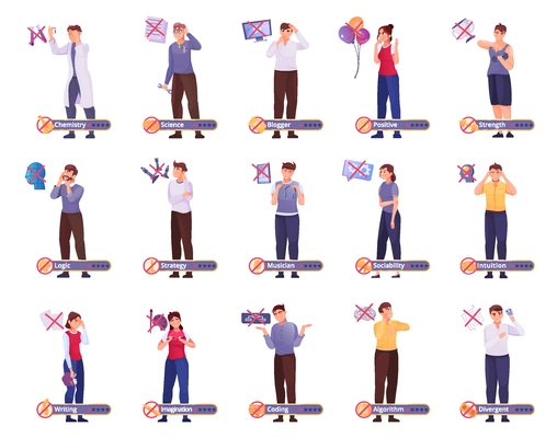 Mental illness flat set of people of different occupation experiencing negative and depressive states isolated vector illustration