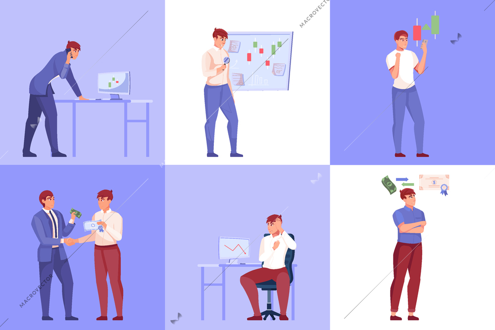 Stock market design concept set of six flat square compositions with traders stakeholders investors buy and sell symbols vector illustration