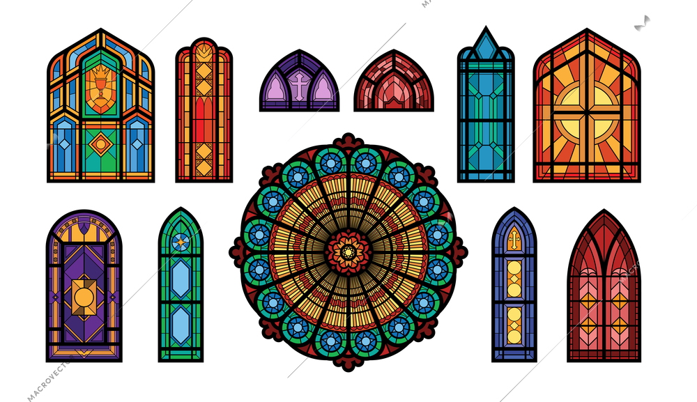 Set of different types of stained glass mosaic windows of a gothic church flat vector illustration