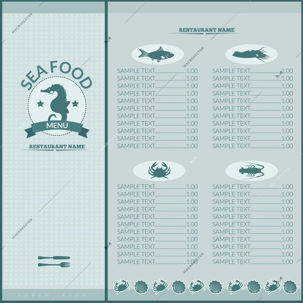 Seafood restaurant menu list template with seahorse and sea food icons vector illustration
