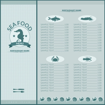 Seafood restaurant menu list template with seahorse and sea food icons vector illustration