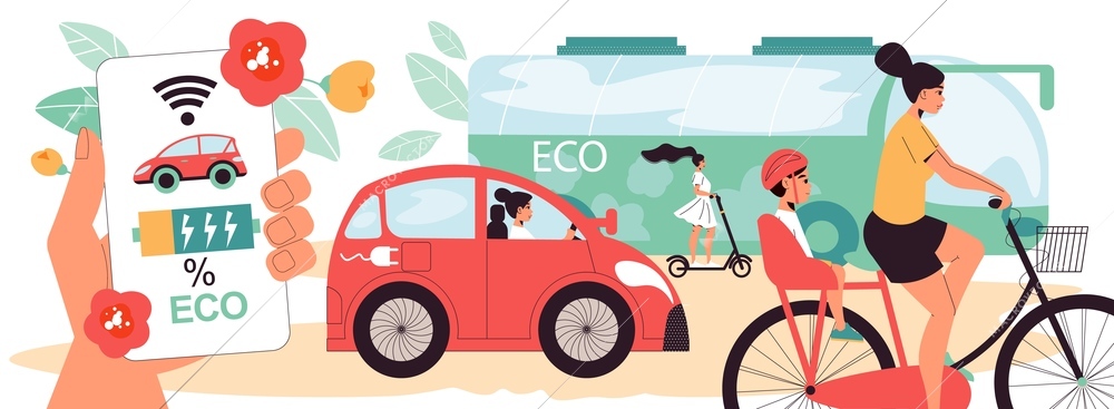 Eco green transportation horizontal illustration with eco friendly car kick scooter bike flat vector illustration