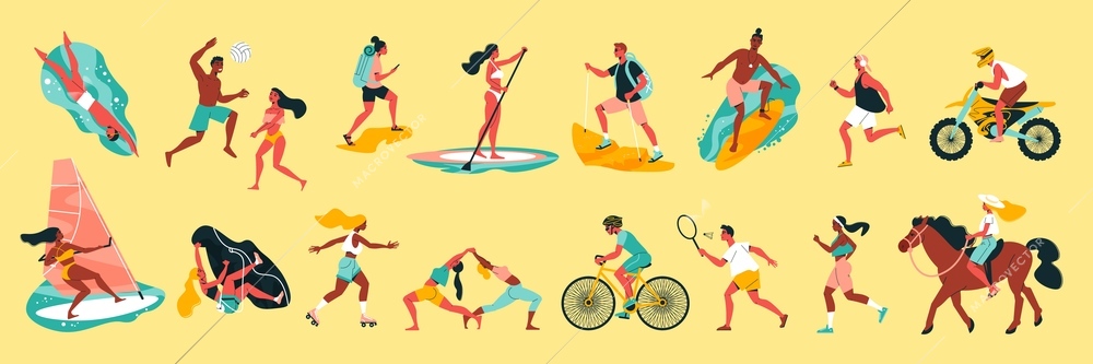 Summer sport color set of swimming surfing yoga hiking running  volleyball badminton biking isolated icons on yellow background flat vector illustration