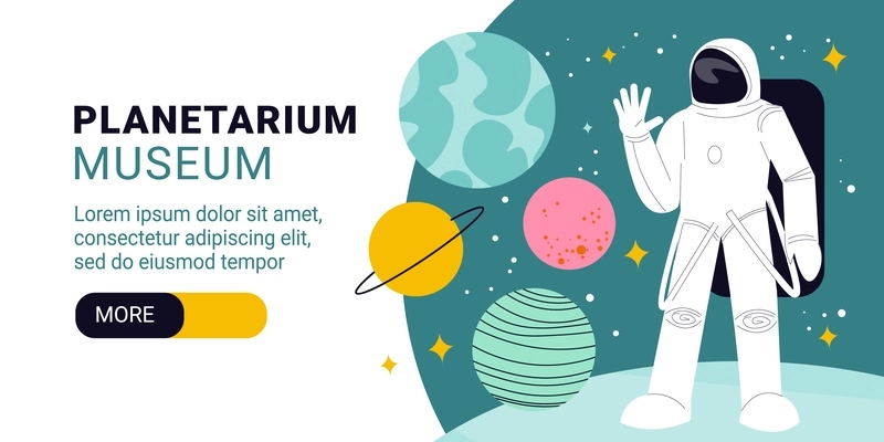 Planetarium museum horizontal banner with astronaut in spacesuit at starry sky background vector illustration