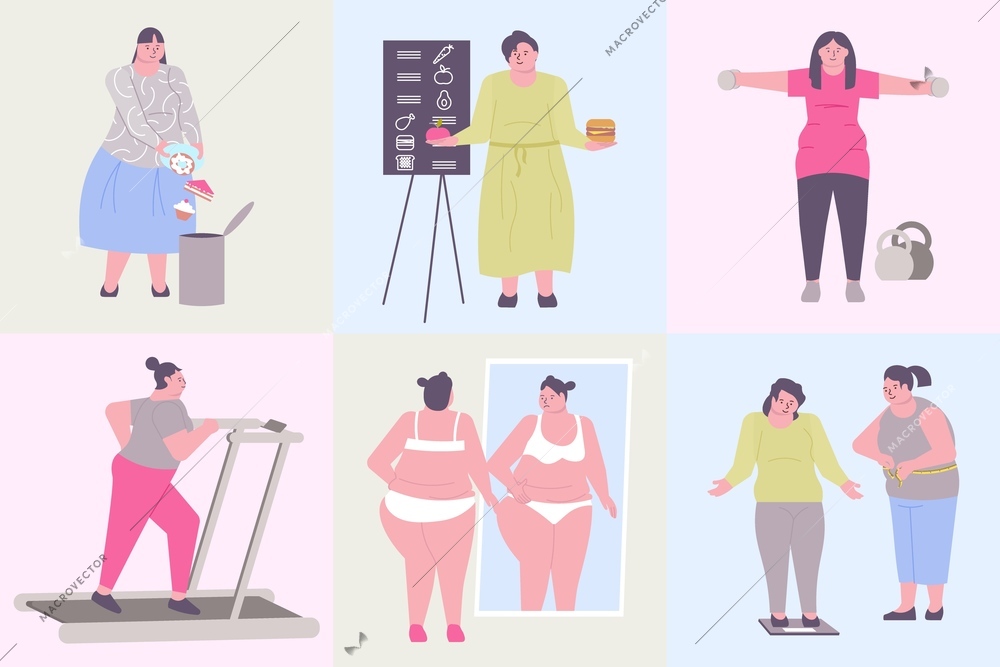 Obesity weight loss set of square compositions with fat people on weighs with mirror and food vector illustration