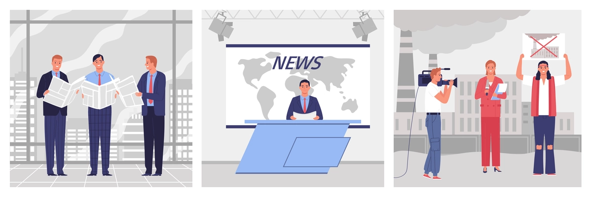 Media workers read newspapers and broadcast reports from the television studio flat vector illustration