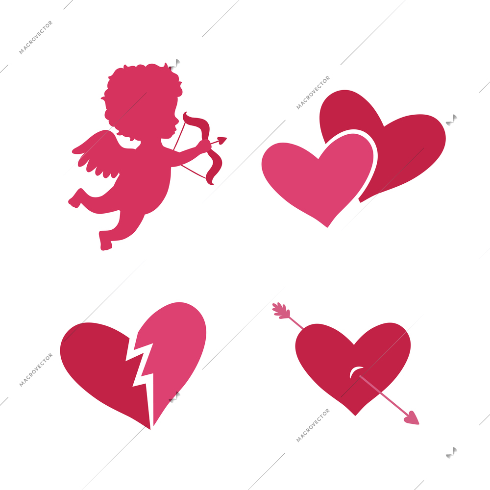 Set of cupid icons with heart arrows and angel isolated vector illustration