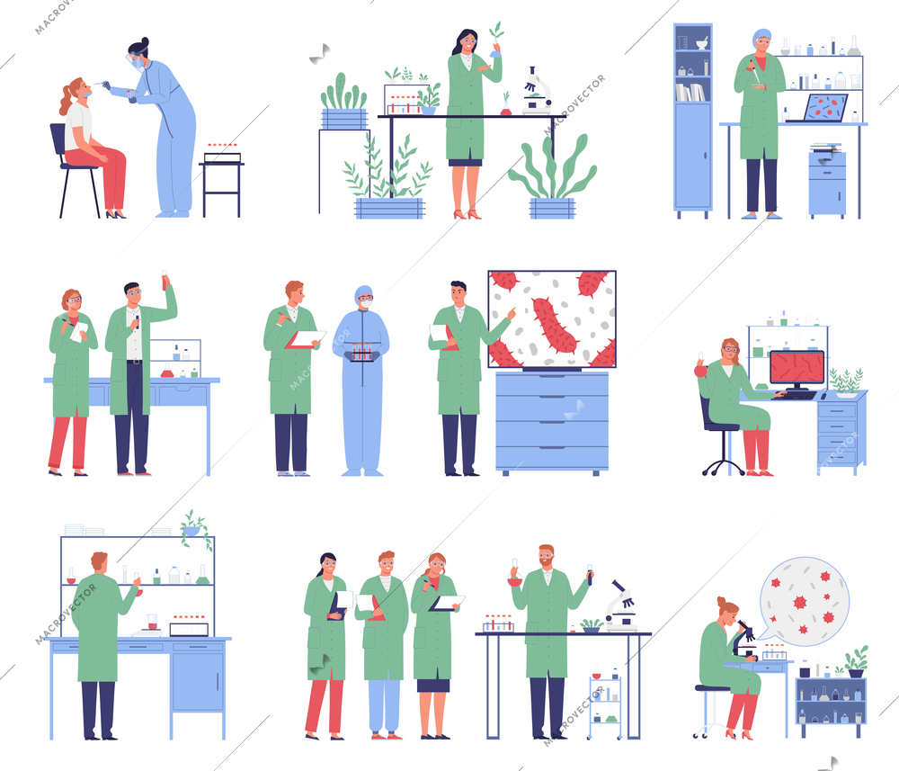 Groups of scientists discovering blood cells performing lab tests with patients vector illustration