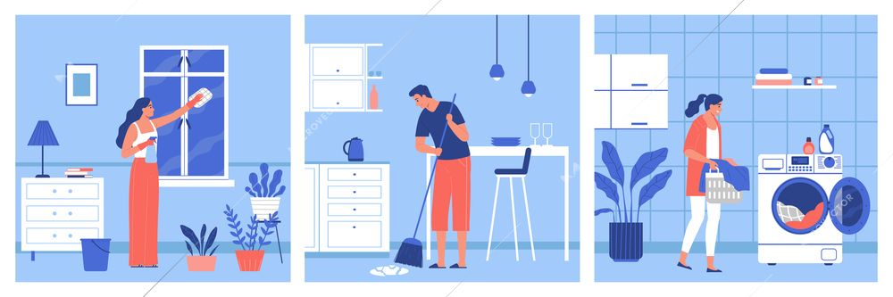 Woman cleaning window while man sweeps floor and another woman washes clothes flat vector illustration