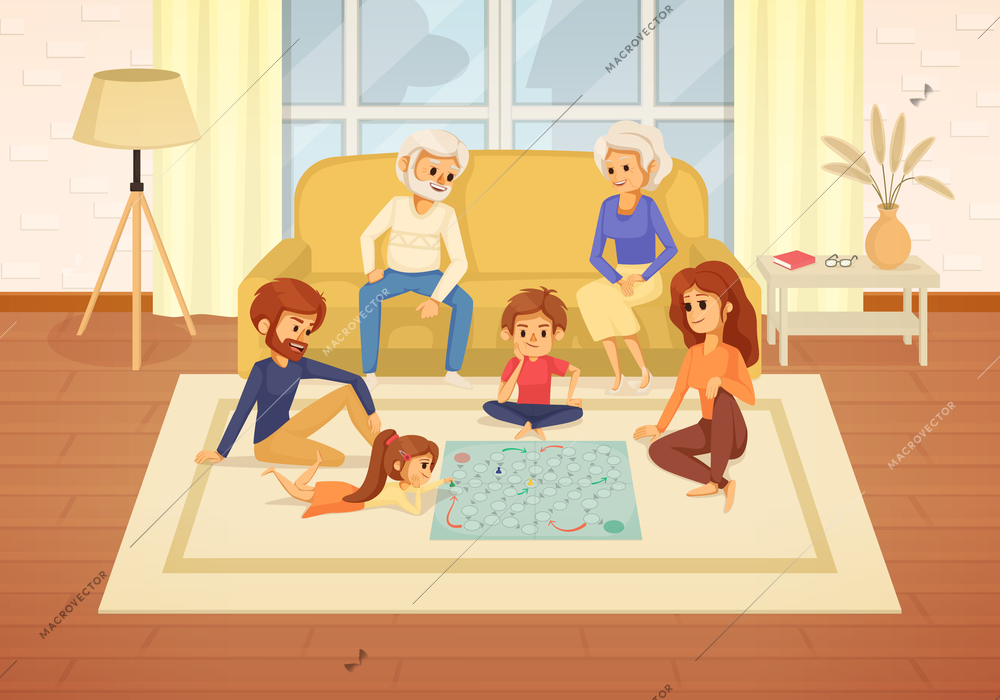 Family holidays cartoon composition the whole family gathered in the living room to play board games vector illustration