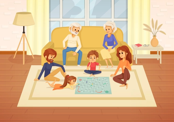 Family holidays cartoon composition the whole family gathered in the living room to play board games vector illustration