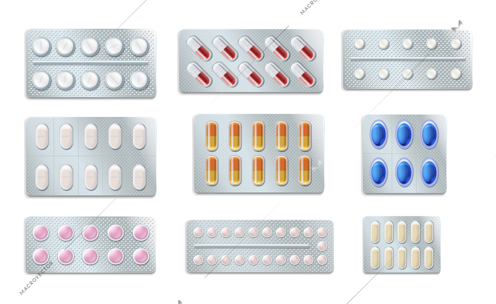 Pills tablets capsules blister realistic icon set blisters with tablets of different sizes colors and types vector illustration