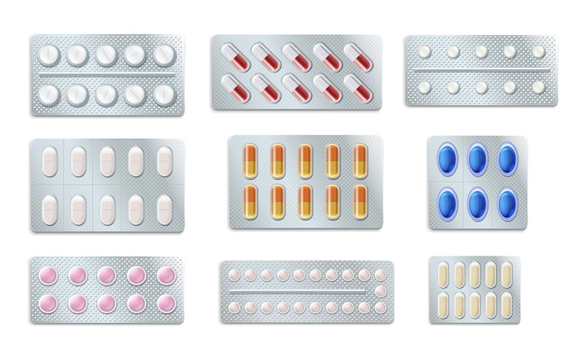 Pills tablets capsules blister realistic icon set blisters with tablets of different sizes colors and types vector illustration