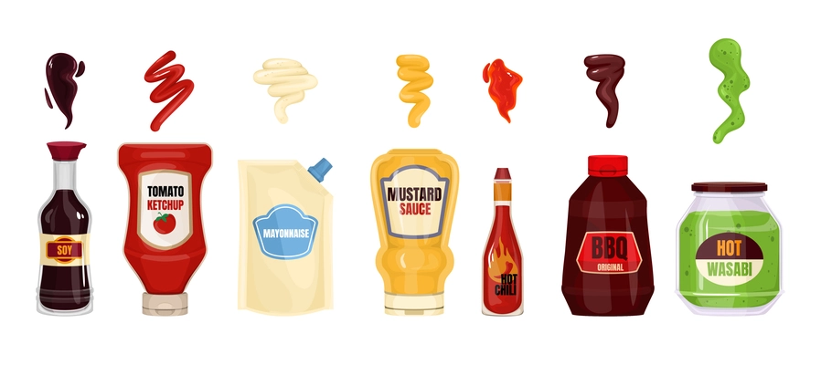 Sauce packaging spilled strips set with composition of isolated package images of branded bottles of sauce vector illustration