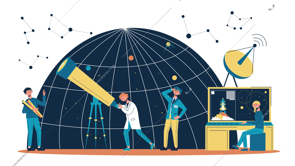 Flat astronomy composition astronomer and scientists work at the space research center vector illustration