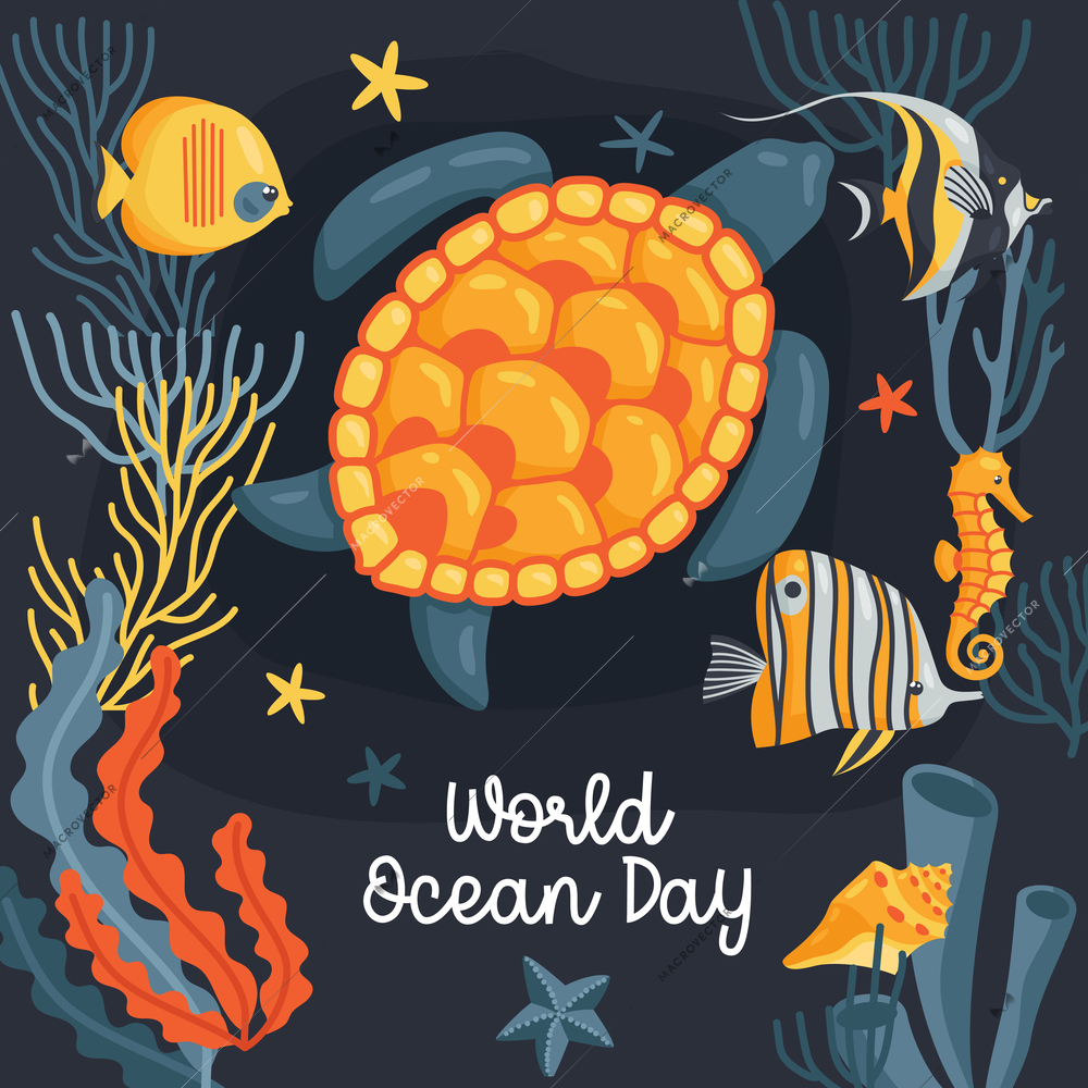 Colored greeting card world ocean day turtle and other marine life on a dark background under water flat vector illustration
