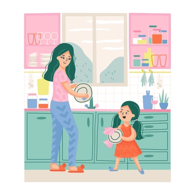 Mother and daughter washing dishes composition with home scenery and kitchen interior with cartoon human characters vector illustration