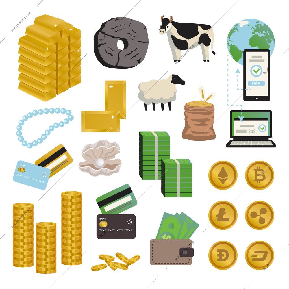 Evolution money icon set money in various forms in the form of bullion property coins banknotes on bank cards vector illustration