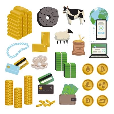 Evolution money icon set money in various forms in the form of bullion property coins banknotes on bank cards vector illustration