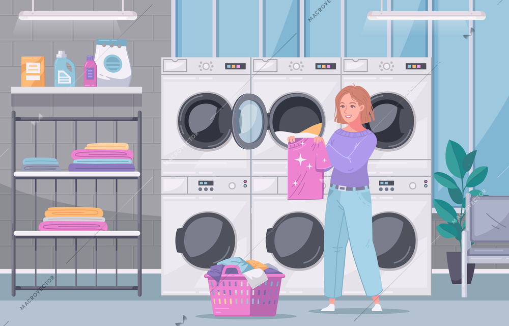 Multi housing self service laundry facility interior view with lady folding washed clothes flat cartoon vector illustration