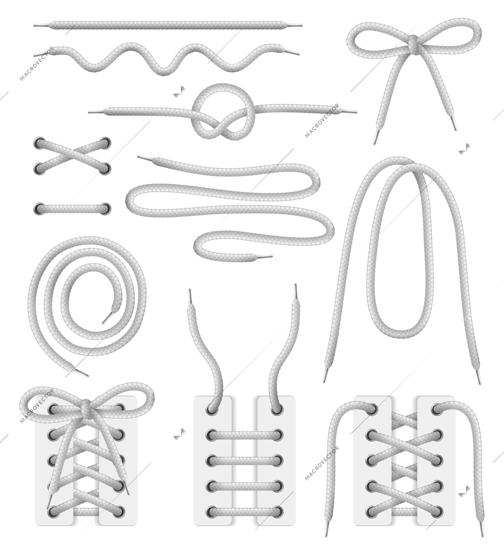 Shoelaces shapes realistic white monochrome set with different style shoes tying corset bodies lacing patterns vector illustration