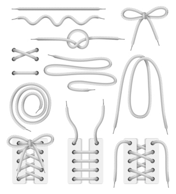 Shoelaces shapes realistic white monochrome set with different style shoes tying corset bodies lacing patterns vector illustration