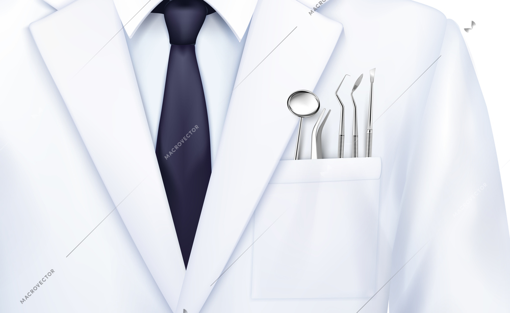 Stomatology dentist composition with realistic image of white coat with tie and tools in chest pocket vector illustration