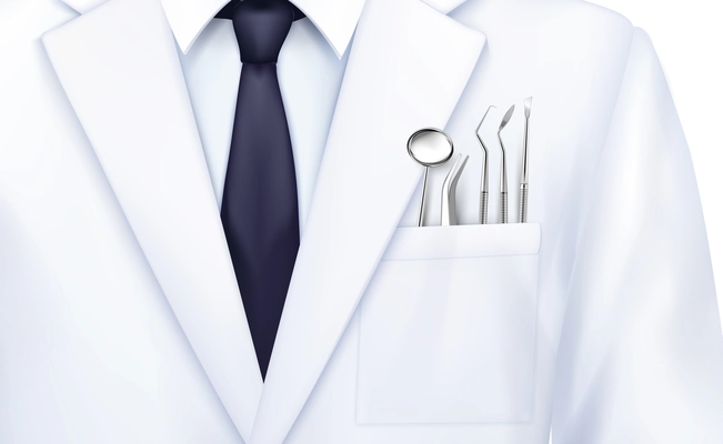 Stomatology dentist composition with realistic image of white coat with tie and tools in chest pocket vector illustration