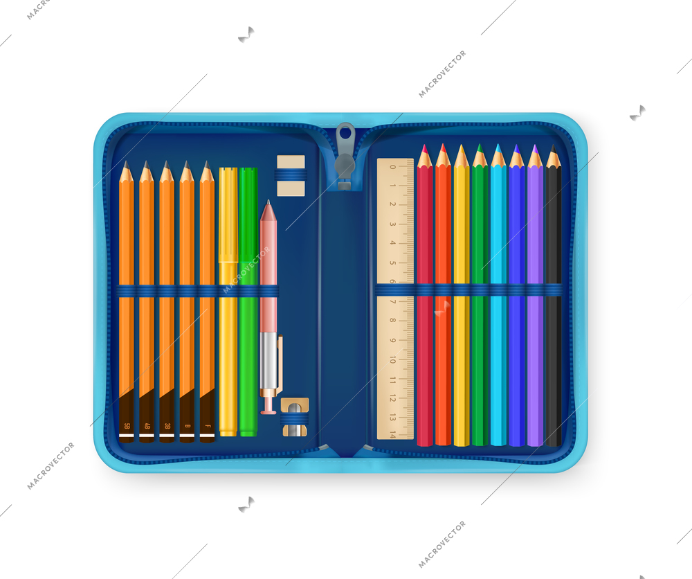 Realistic open pencil case in blue color with various school accessories for writing and drawing vector illustration