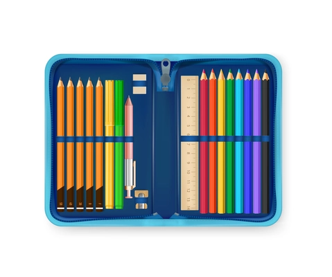 Realistic open pencil case in blue color with various school accessories for writing and drawing vector illustration