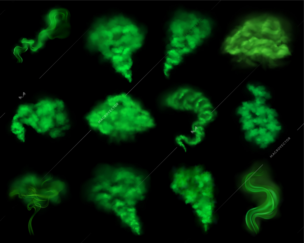Realistic set with clouds of green stinky chemical smoke fog steam isolated on black background vector illustration