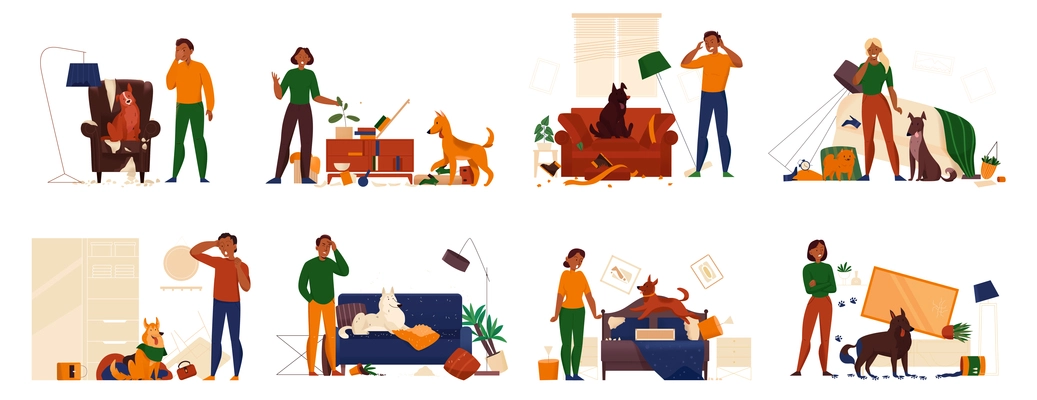 Problem pets and their owners flat set with angry people and naughty dogs in messy rooms isolated vector illustration
