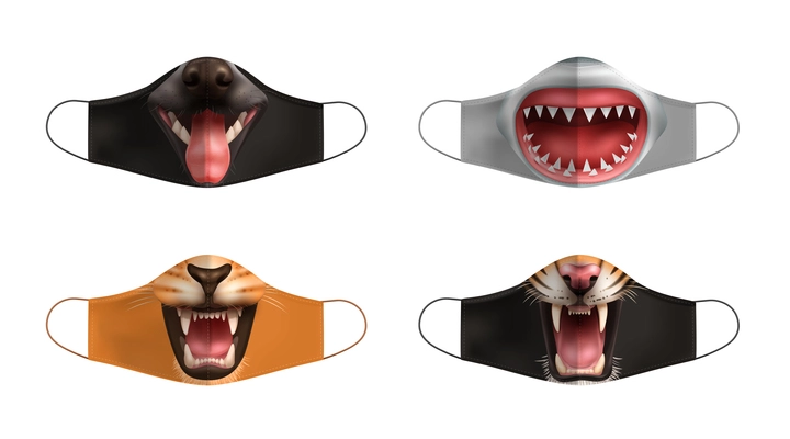 Creative face protection masks with open animal mouth print realistic set isolated vector illustration