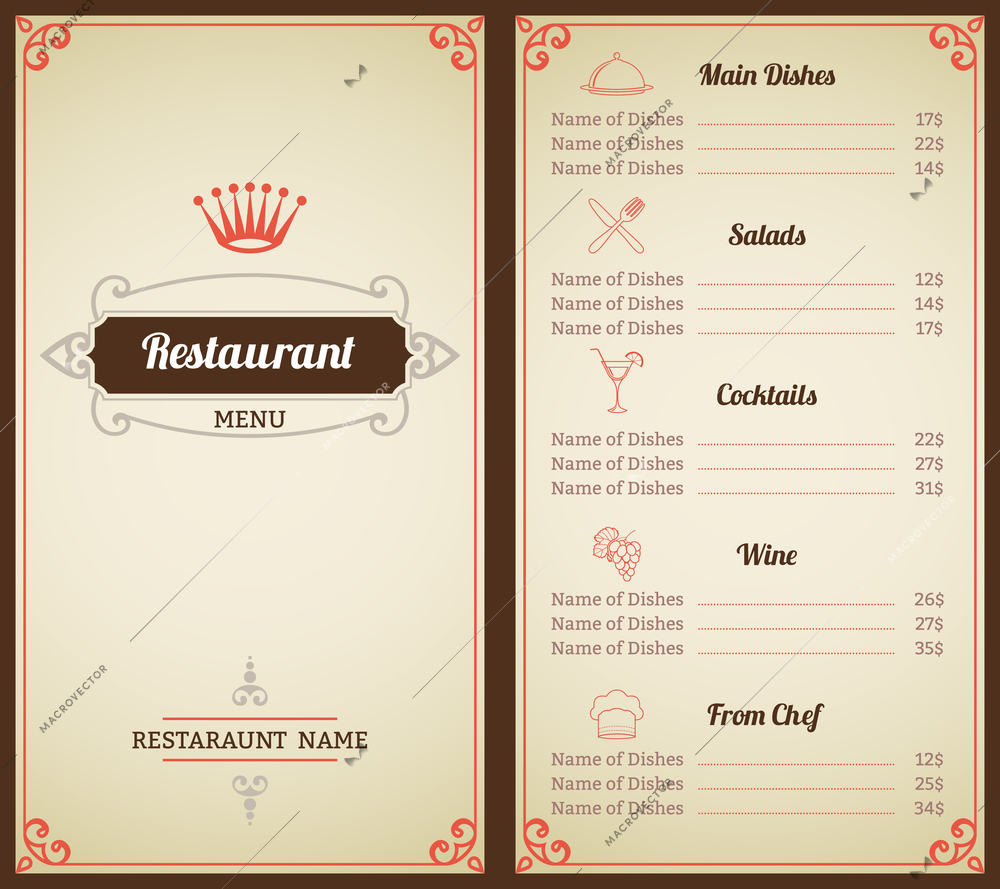 Restaurant menu list brochure with food and drink decorative elements vector illustration