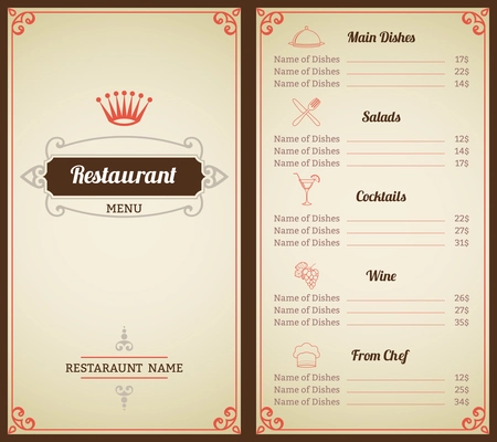 Restaurant menu list brochure with food and drink decorative elements vector illustration