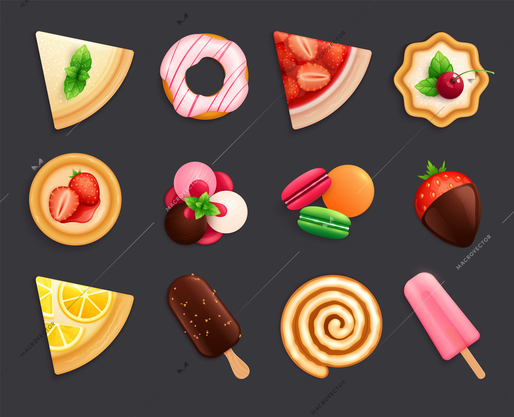 Desserts sweets top view set flat black background lemon pie donut macaron ice cream realistic vector illustration