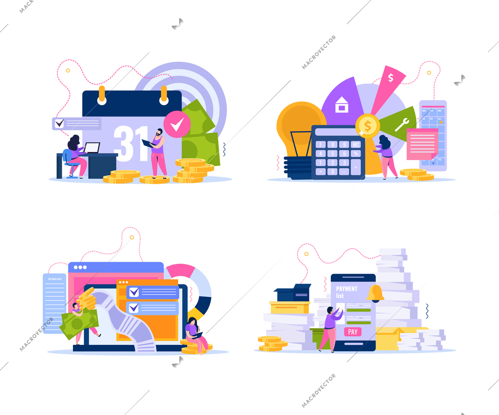 Set of four isolated monthly payments compositions with flat accounting icons calendars calculators and human characters vector illustration